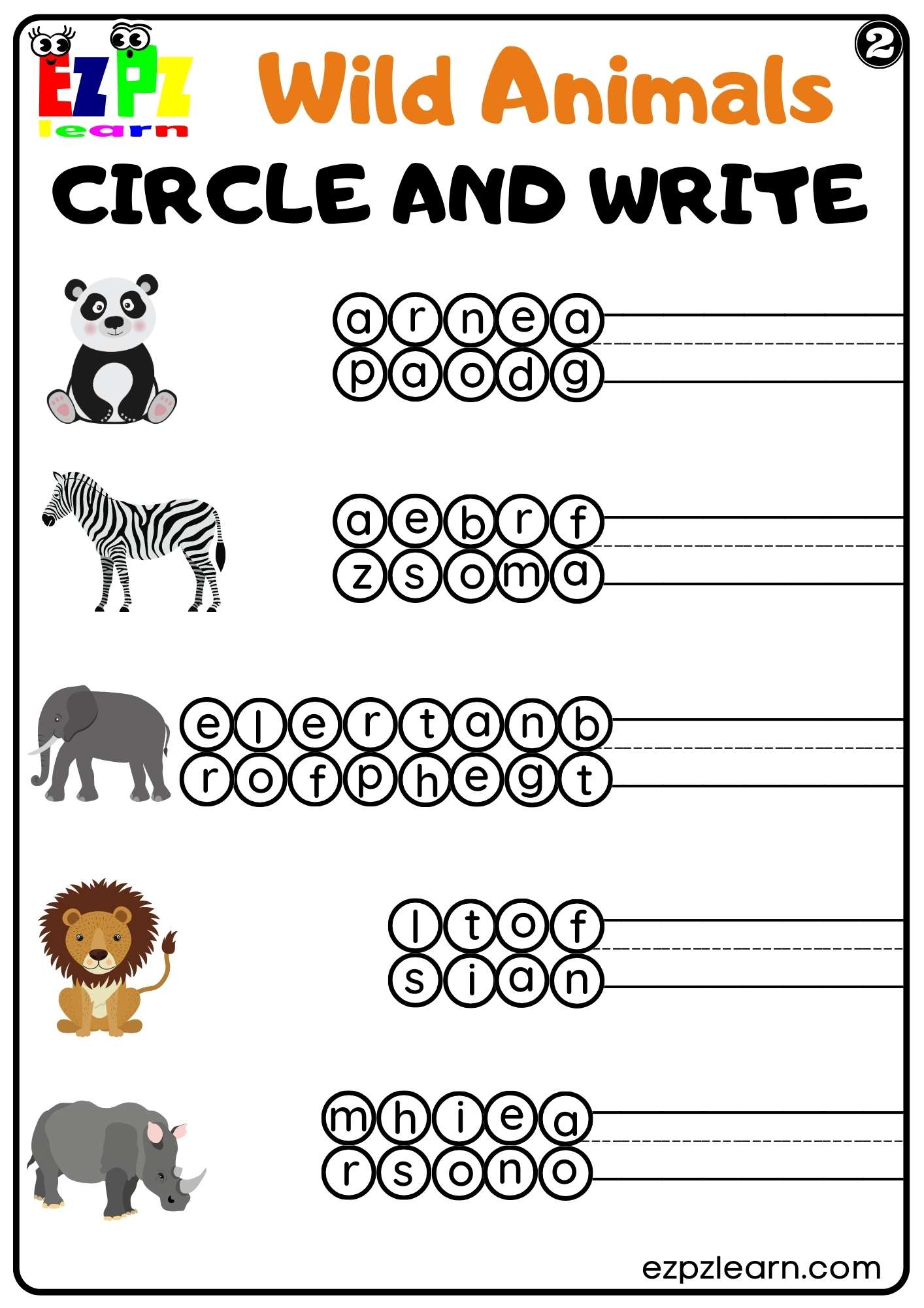 Wild Animals Circle and Write Set 2 Worksheet For kids and ESL PDF Download